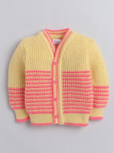 Little Angels Little Angels Sweater Set Baby Wool Full Sleeves V-Neck Striped Yellow & Neon Pink 3-Piece Set Sweater Sets Tickle Twill Baby Knit Set